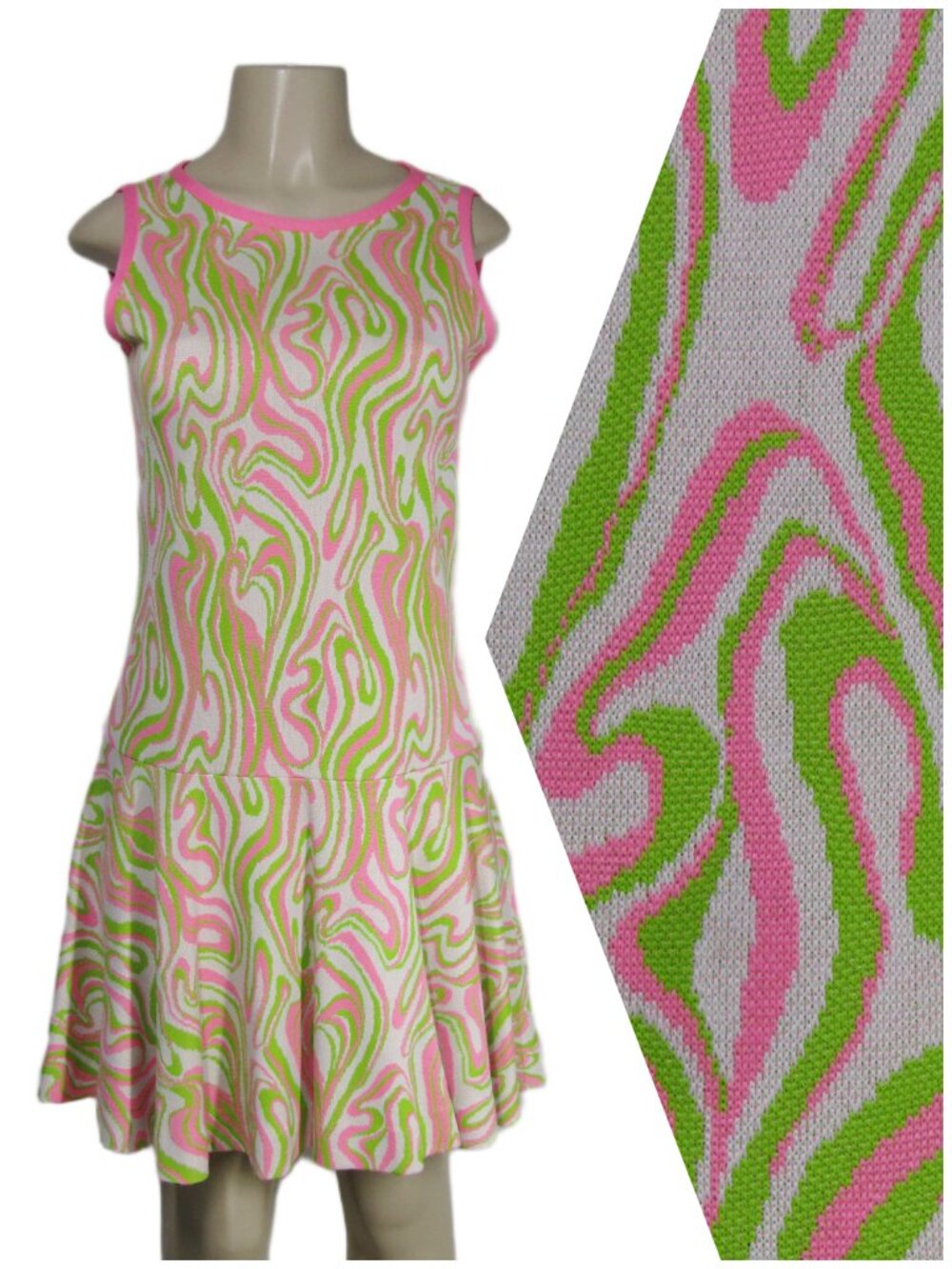 VTG 60s MOD Gogo Psychedelic MCM Drop Waist Retro Groovy Knit Mini Dress S M